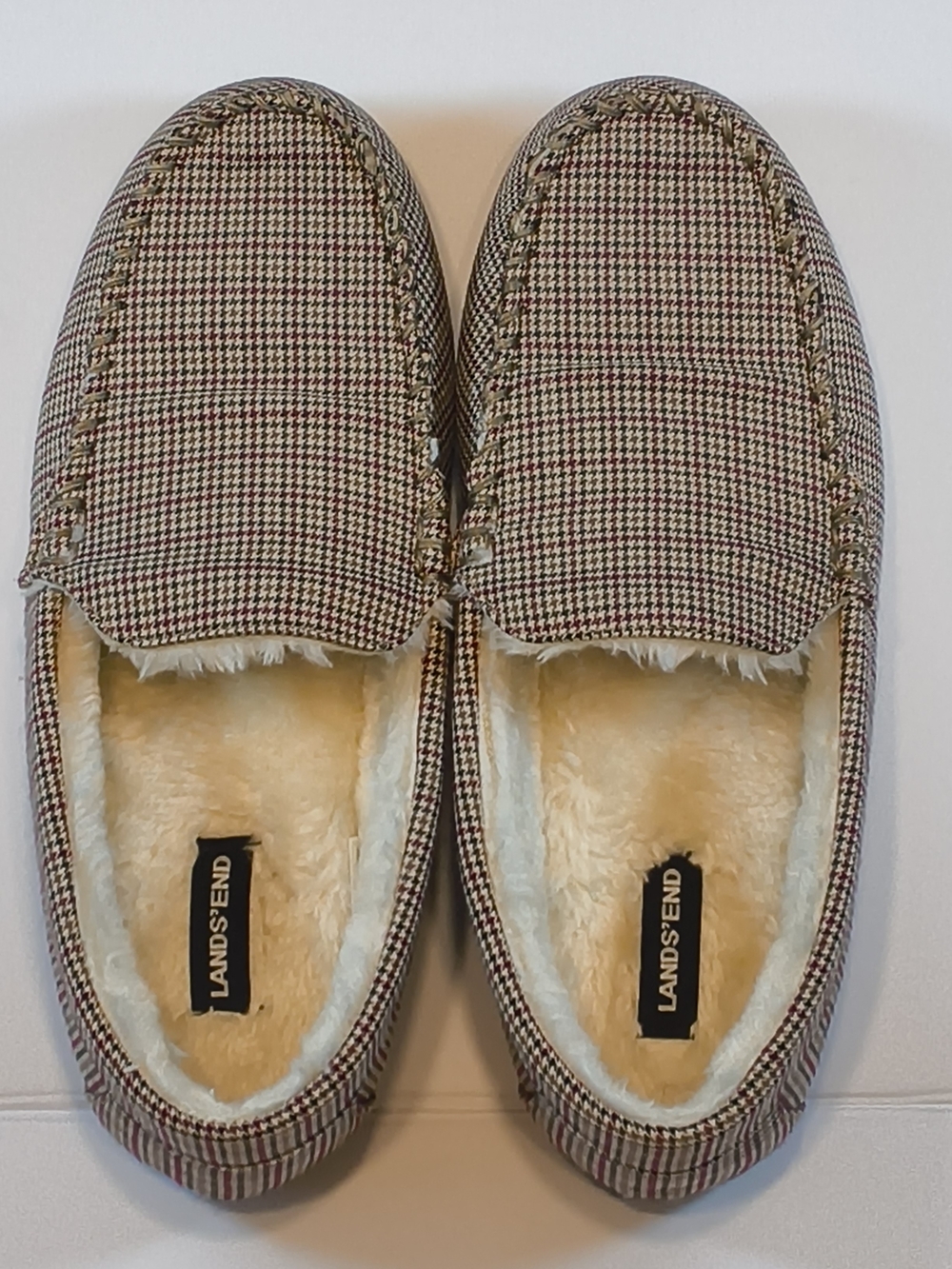 Lands' End Unisex Plaid Moccasin Slippers in Tan and Cream